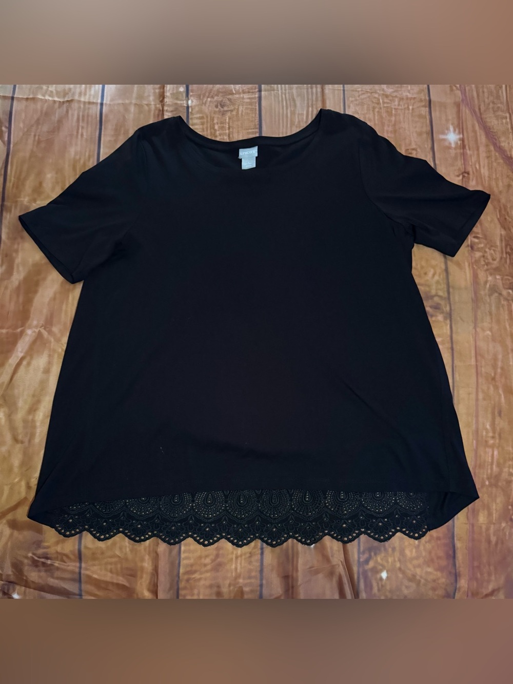 Chico’s Black Short Sleeve Top with Lace Hem